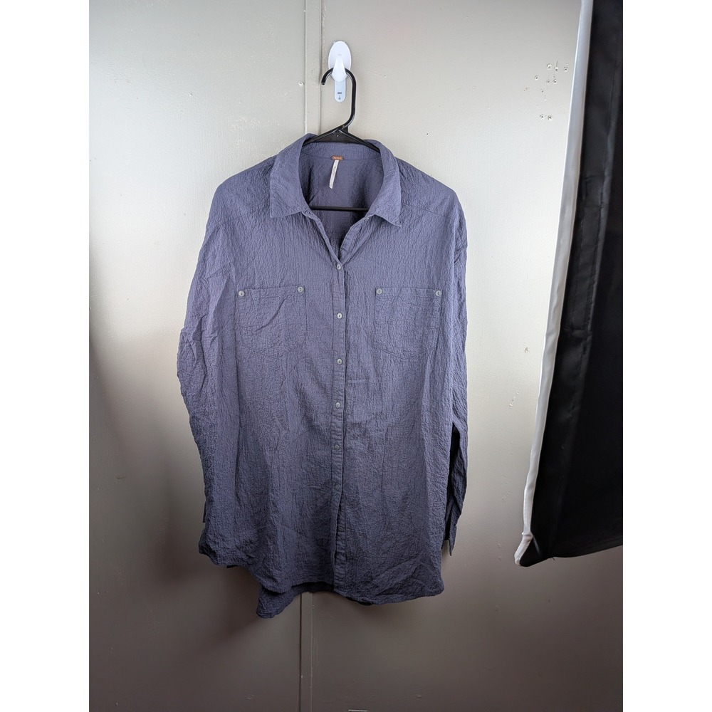 Free People Crinkle Textured Button Down Shirt Grey Blue Long Sleeve Small